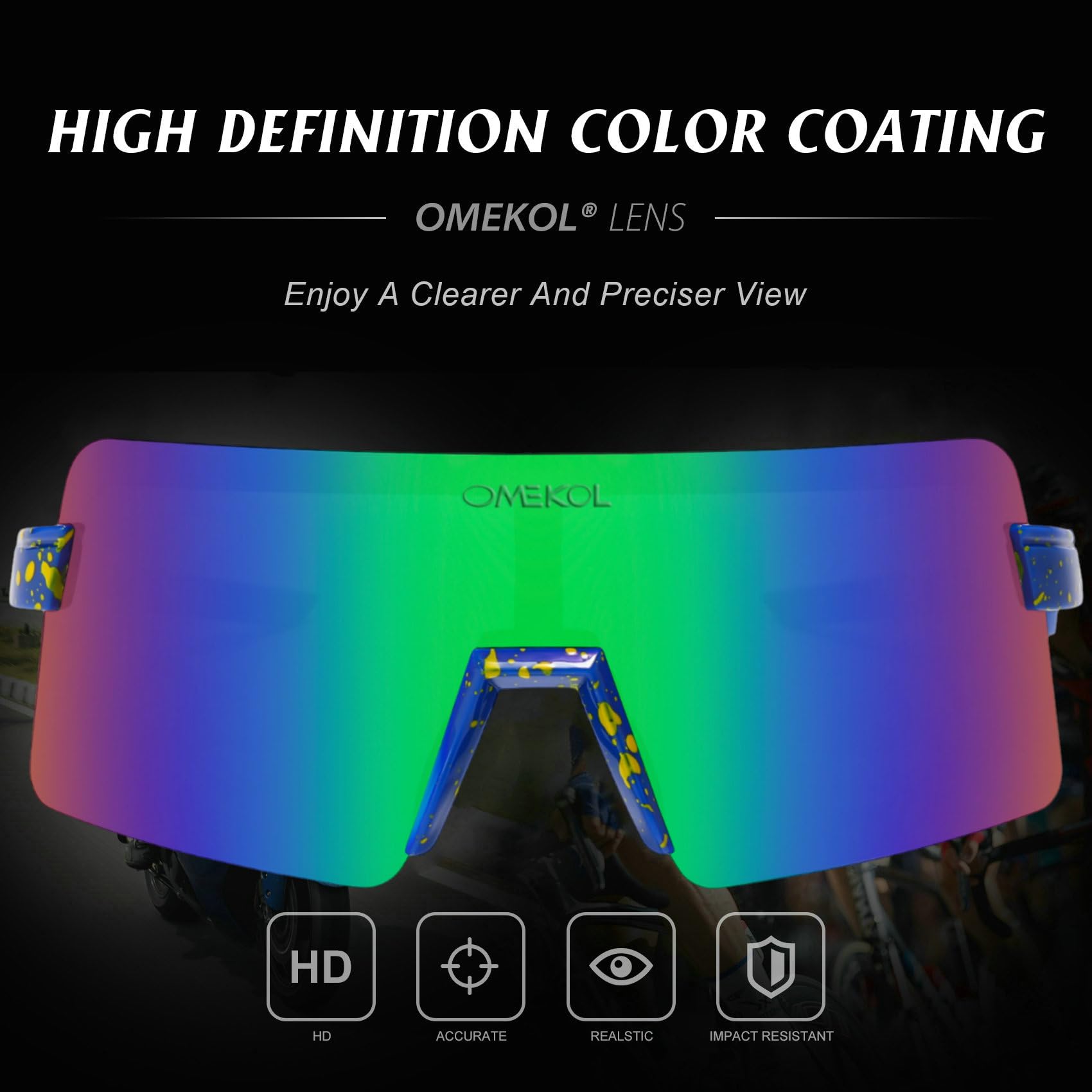 OMEKOL Polarized Sports Sunglasses Cycling Glasses UV400 Mountain Bike Goggles MTB Riding Bicycle Eyewear Men Women Baseball Running Fishing Golf Outdoor - Blue Frame with Yellow Dots/Blue Lens