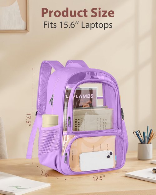 KIMNERPU Clear Backpack - Heavy Duty Transparent Bookbag with Reinforced Straps | Large Capacity, Purple