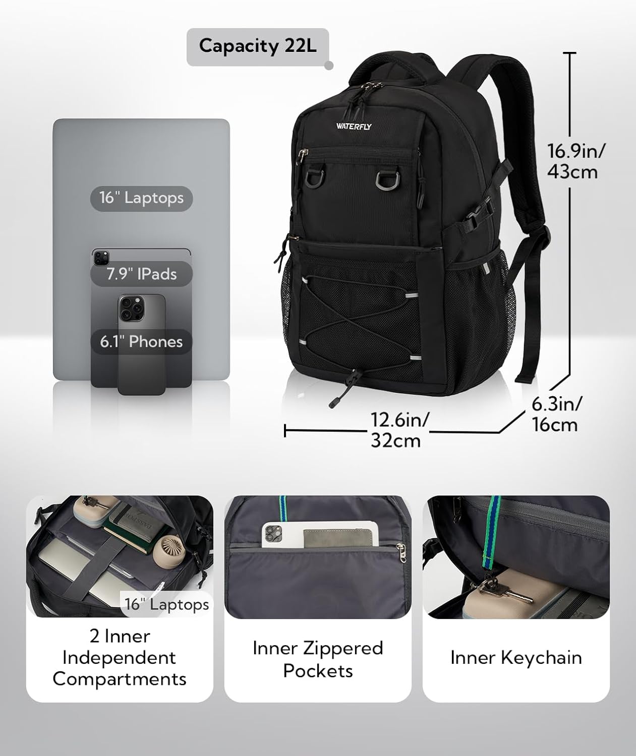 WATERFLY Lightweight 22L Travel Hiking Backpack - Versatile Casual Daypack for Outdoor Adventures