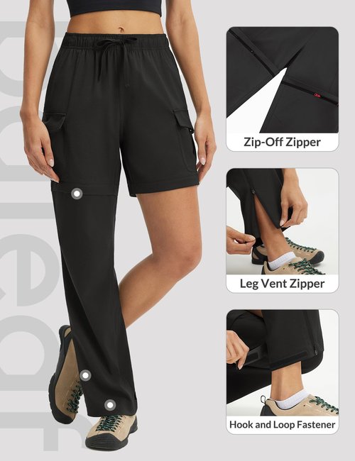 baleaf Women's Hiking Pants 29'' Convertible Zip-Off Pants with 6 Pockets Water Resistant Lightweight Quick Dry UPF 50+ Black M