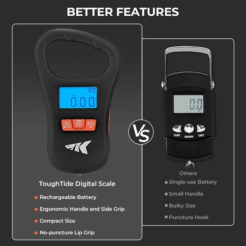 KastKing ToughTide Fishing Scale - Ultra-Thin Digital Design, 65lb Capacity, USB Charging, LCD Display