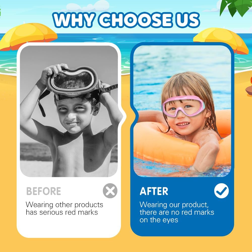 Skiennix Kids Swim Goggles - Wide View Anti-Fog & Leakproof Design | Adjustable Strap & Nose Cover
