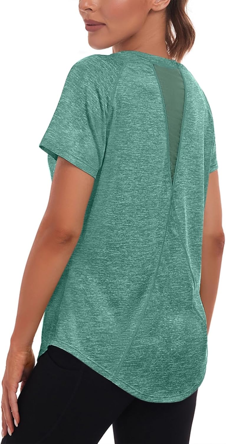 Skiennix Women's Long Workout Top - Short Sleeve Dry-Fit Mesh Open Back Athletic Tee | Loose Fit