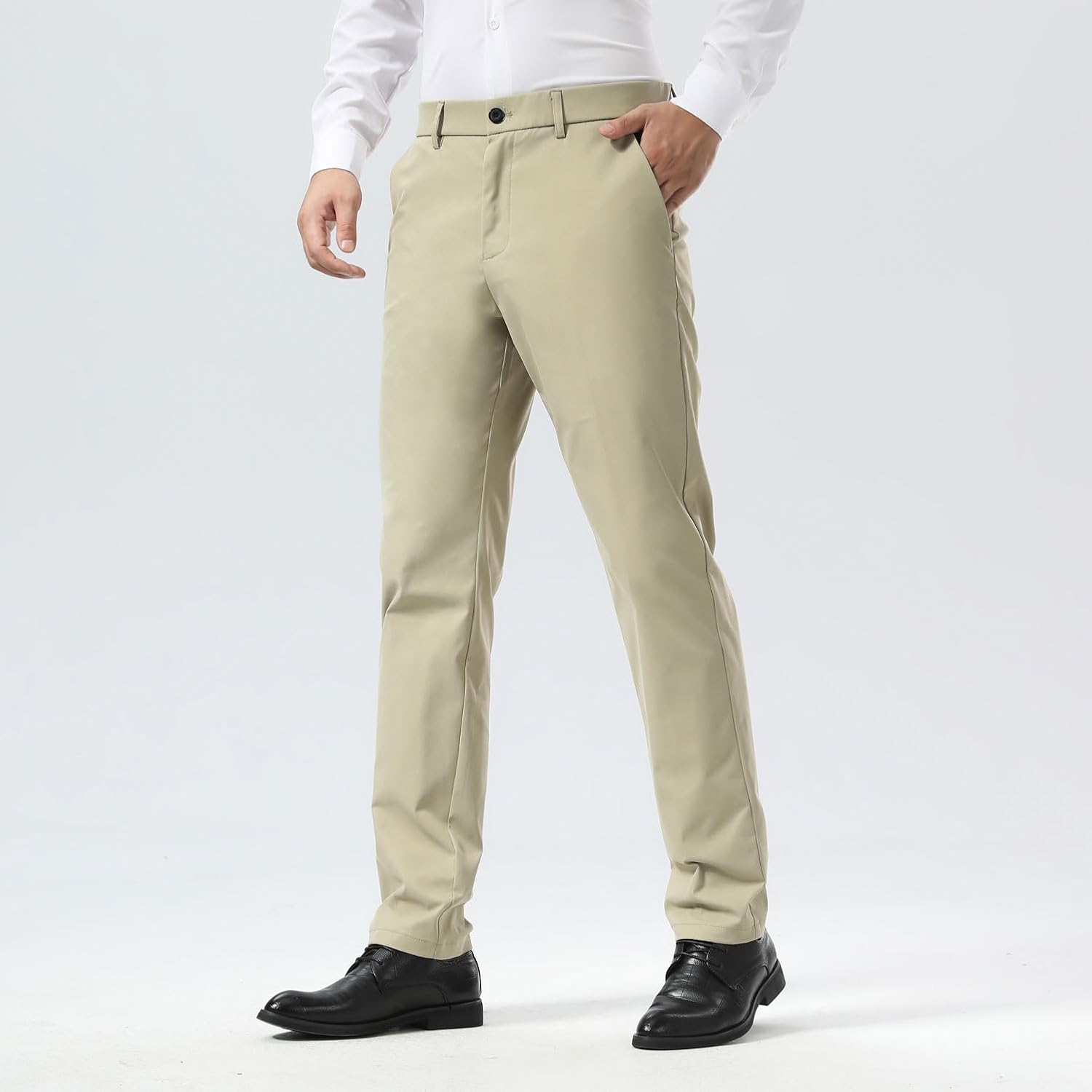 Plaid&Plain Men's Slim Fit Dress Pants - Stretch Khaki, Wrinkle-Free Comfort & Style
