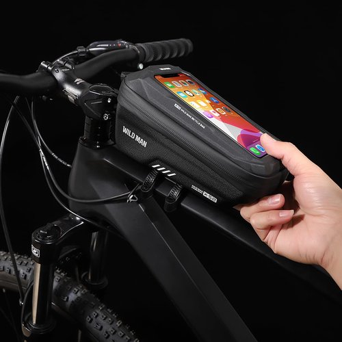 WILD MAN 1L Quick Release Waterproof Bike Front Frame Bag Phone Holder with Touch Screen Top for Mountain Road Bike MTB Cycling (XS2, Black)