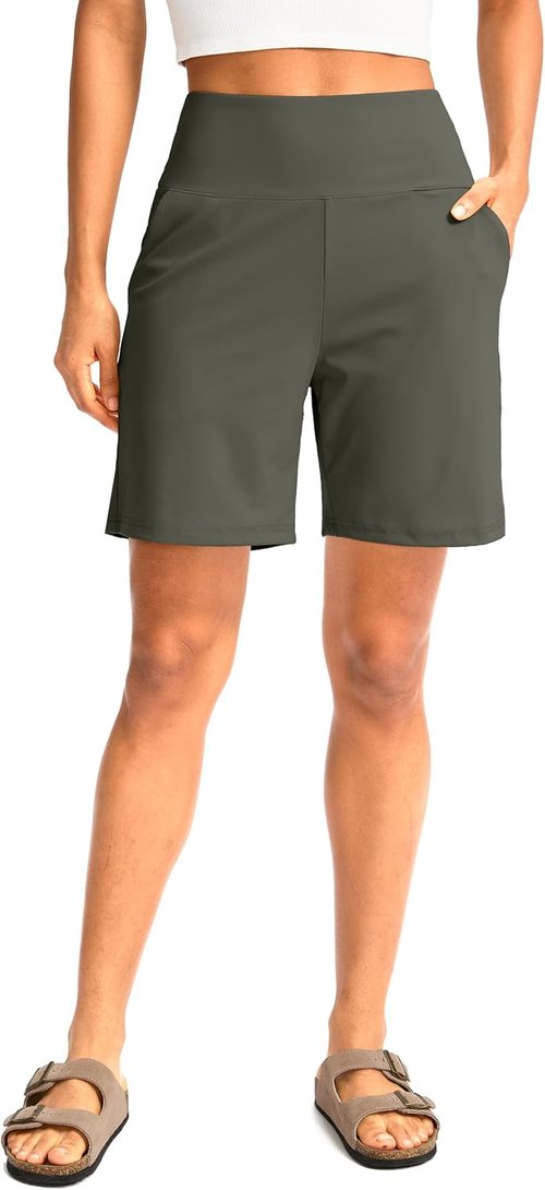 G Gradual Women's Bermuda Long Shorts with Pockets 9" High Waisted Knee Length Shorts for Women Walking Athletic Workout
