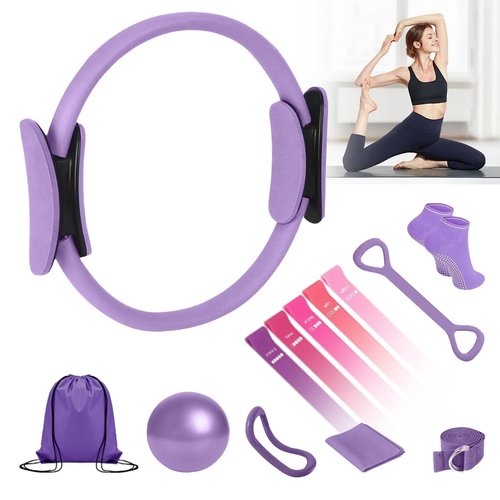 JIAOHENANZE Home Pilates Kit for Women， Pilates Essentials Kit for Women，Pilates Equipment，14 Inch Fitness Circle, 9 Inch Yoga Ball 5 Resistance Bands for Beginners Home Workouts (Purple 13Pcs)