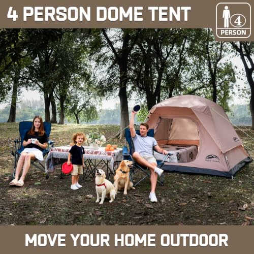 HAPPY TRAVEL Khaki 4 Person Dome Camping Tent with Rainfly & Mesh Ventilation