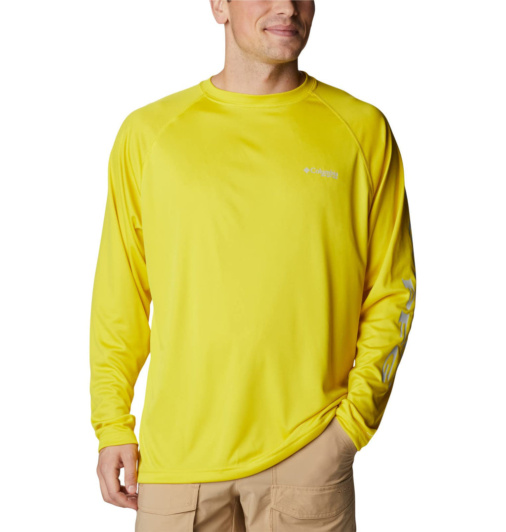 Columbia Men's Terminal Tackle Long Sleeve Fishing Shirt, Laser Lemon/Cool Grey Logo, X-Large