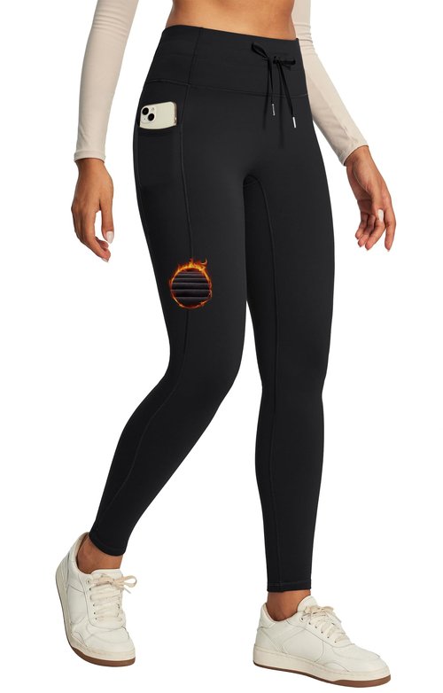 IUGA Women's Fleece Lined Leggings Water Resistant High Waisted Thermal Leggings Winter Pants with Pockets Running Ski Hiking Black