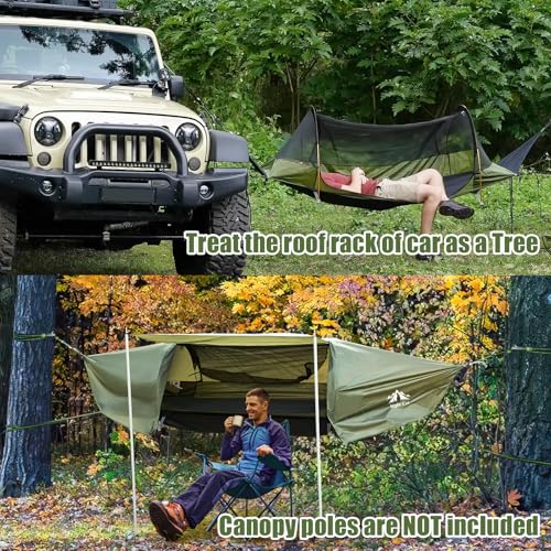 Night Cat Army Green Flat Lay Camping Hammock Tent with Mosquito Net & Rainfly, Supports 330LBS