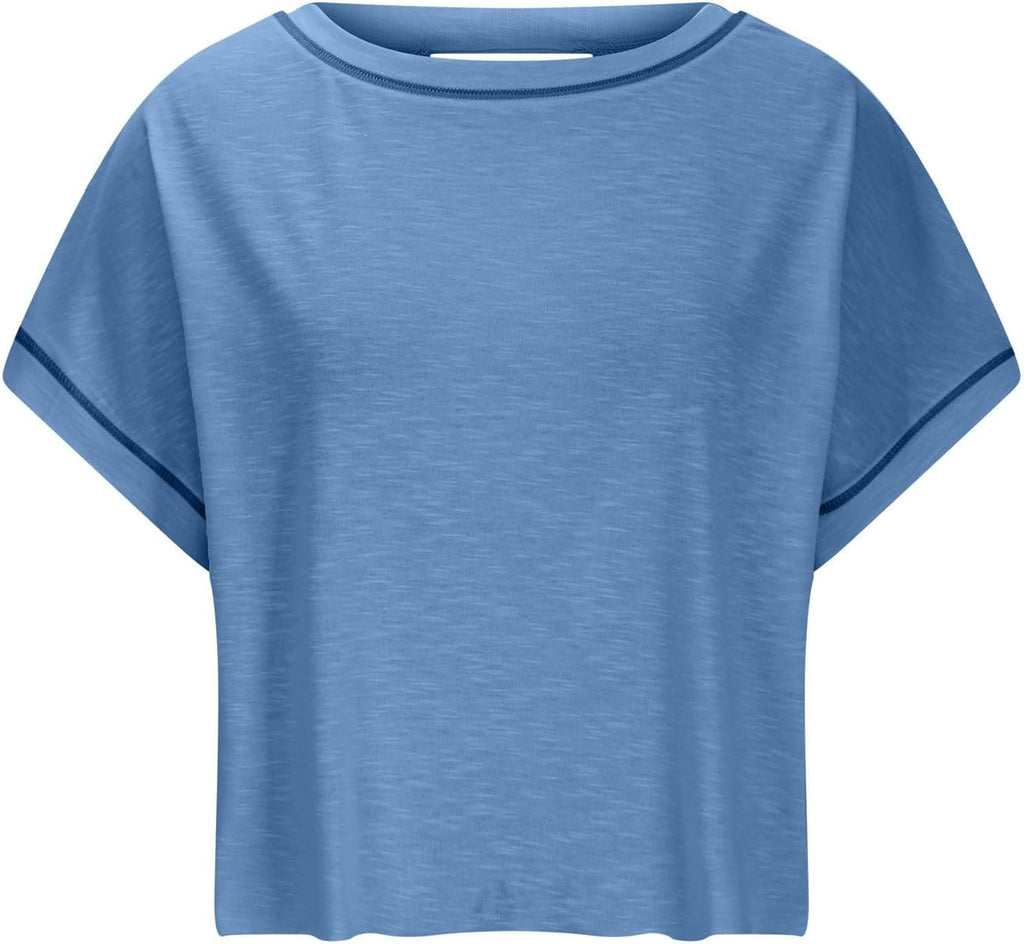 Skiennix Open Back Tops for Women - Backless Workout Short Sleeve Gym Tees | Slouchy Crop Design