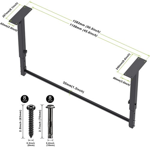 Kipika 48" Ceiling Mount Pull Up Bar - Heavy Duty Steel Chin Up Bar with 4-Level Height Adjustment - Stable, Durable, and Easy to Install - 500 LB Capacity