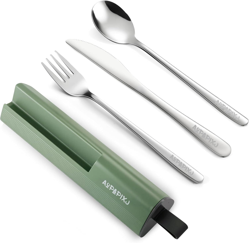 Skiennix Reusable Stainless Steel Utensils Set - Portable Flatware Kit with Case & Phone Stand for Travel, Camping, Outdoor Activities
