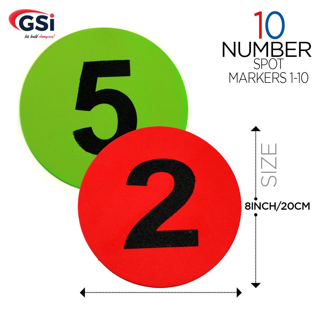 GSi 8" Numbered Poly Spot Markers (1-10), Anti-Skid, Durable, Non-Toxic Floor Dots for Math, Classroom & PE. Bright, Washable Sitting Spots for Preschool & Training (Pack of 10).