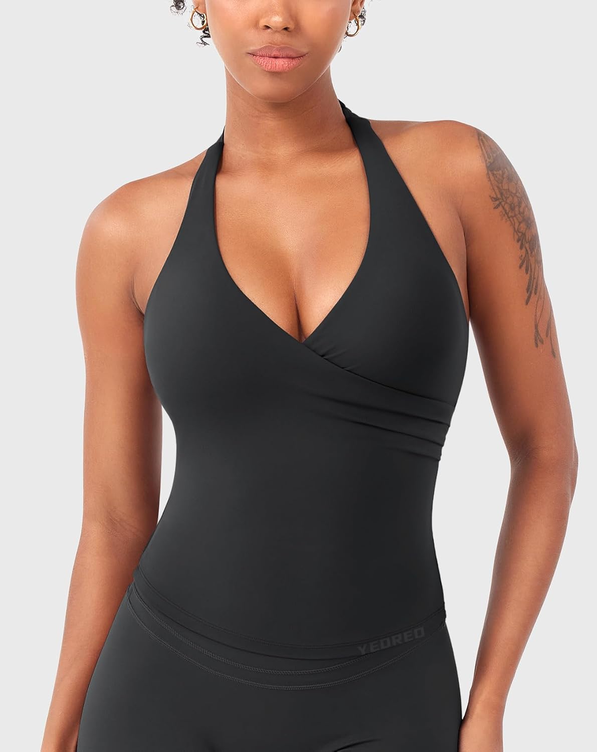 YEOREO Women's Halter Tank Top - Padded Deep V Neck Strappy Workout Camisole | Longline Backless Design