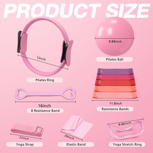 SUOOCH Pilates Ring Set for Women, Pilates Equipment Set, Pilates Kit for Home Workouts with Resistance Bands, 12'' Magic Circle, Mini Ball, Toning and Flexibility, Non-Slip Socks, 13 Pack, Pink