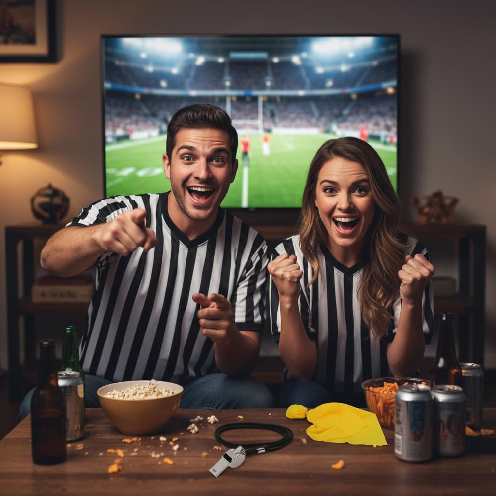 Referee Shirt Referee Costume for Men Women Unisex Black and White Stripe V-Neck Ref Uniform Penalty Flag and Stainless Steel Whistle with Lanyard for Football Soccer Sports Cosplay Outfits (Large)