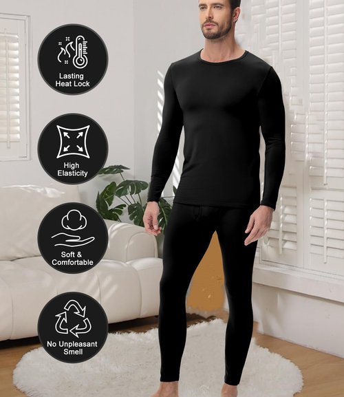 wirarpa Men's Long Johns Thermal Underwear Set Fleece Lined Base Layer Long Sleeve Top and Bottom for Winter Warmth Black Medium