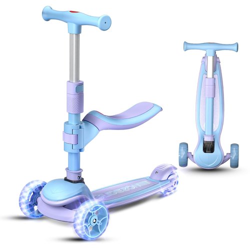 JUNLING Scooter for Kids, 3-Wheel Folding Scooter with Adjustable Height Handlebars, Wide Anti-Slip Deck, Lean-to-Steer, Removable Seat