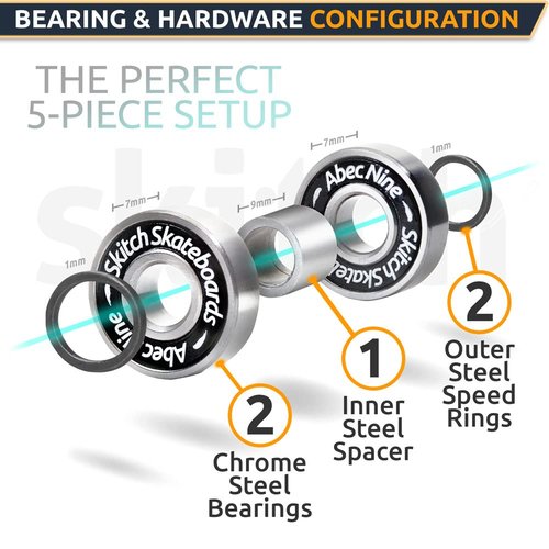 SKITCH Precision Fast Spin Bearings Set | 8 Pack 608 2RS ABEC 9 Chrome Steel Deep Groove Ball Bearing Set for Skateboards, Longboards, Inline Skates, Scooters | + Washers + Spacers | 8mm x 22mm x 7mm