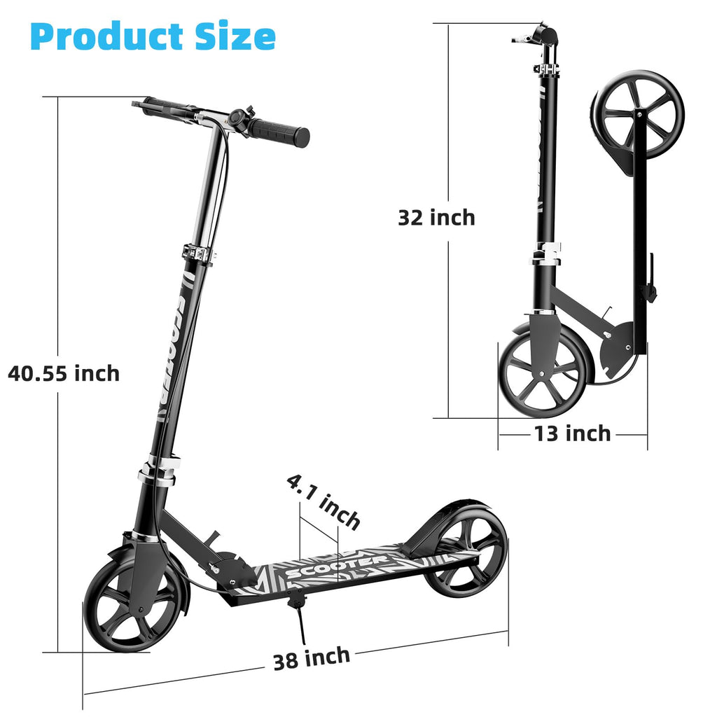 Scooters for Kids 8-12, Teens & Adults - Lightweight, Foldable, 8-Inch Big Wheels, Hand Brake & Bell, 4 Adjustable Height Levels, 240 lbs Max Load - Perfect for School, Campus and Park Rides Black