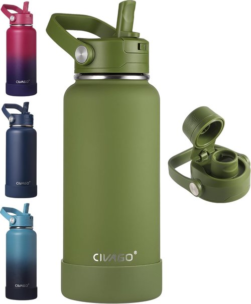 CIVAGO 32 oz Insulated Stainless Steel Water Bottle - Leakproof Sports Flask with Detachable Straw | Army Green