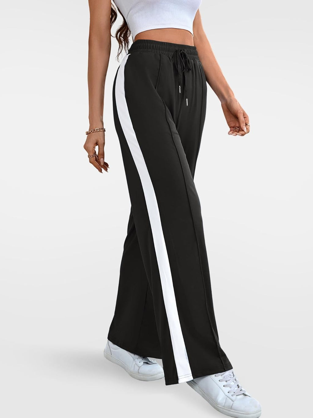 Skiennix Wide Leg Sweatpants - High Waisted Baggy Track Pants with Pockets | Striped Design