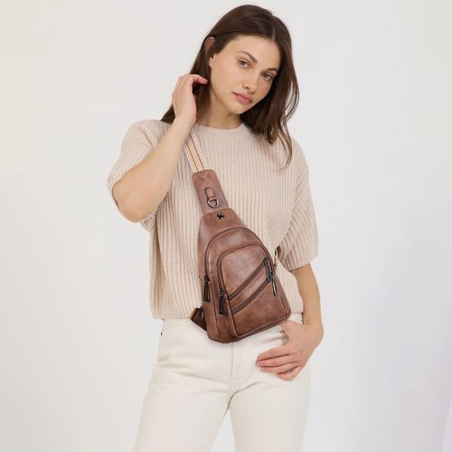 Crossbody Sling Bag by 7L - Stylish Vegan Leather Fanny Pack for Women | Brown Travel Chest Bag
