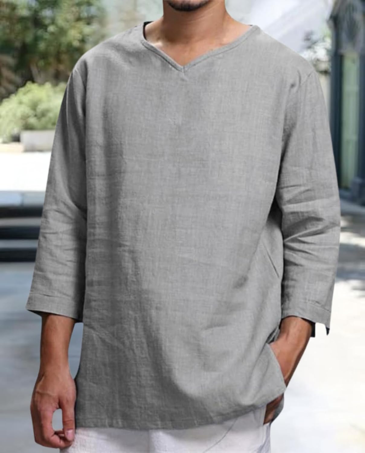 Skiennix Men's Cotton Linen Shirt - Lightweight 3/4 Sleeve V-Neck for Casual Spring & Summer Wear