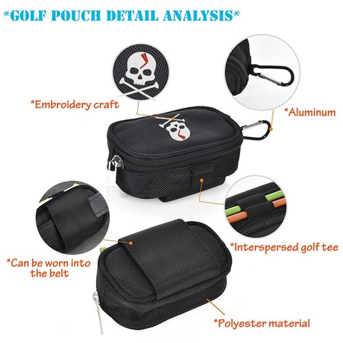 Mimeile Skull Golf Ball Pouch Tee Organizer Bag Accessory Holder Waist Belt Polyester Key Storage Marker Component Pocket Zipper Hook Durable Sports Small Black Gift for Dad Men Women