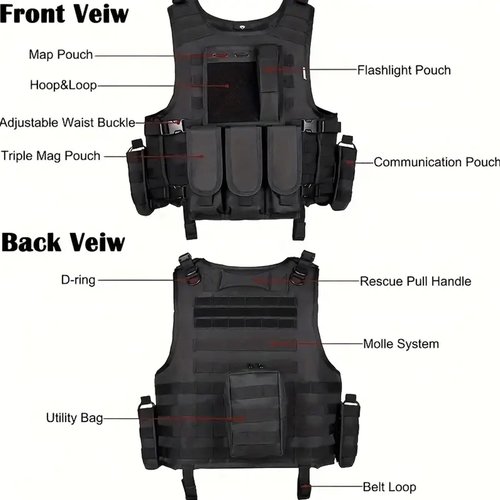 YAKEDA Adjustable Tactical Airsoft Training Vest | Camping, Fishing, Hunting, Gift for Halloween and New Year (US, Alpha, One Size, Regular, Regular, BK)
