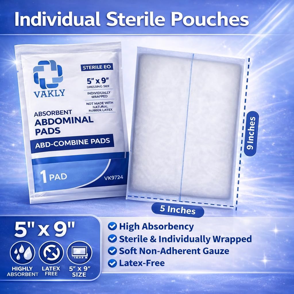Vakly ABD Pads - Sterile 5x9 Abdominal Gauze Pads | High Absorbency Non-Adherent Wound Dressing (20 Pack)