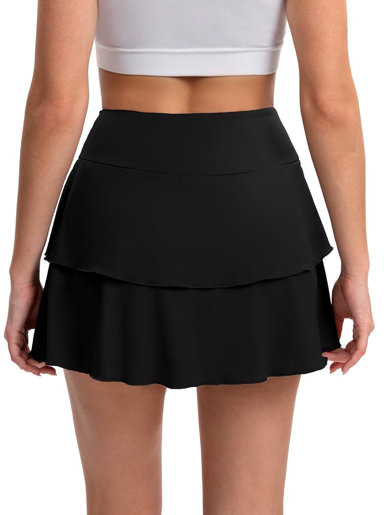 DLOODA Women's Skort with Pockets - Double Ruffle Tennis Skirt, Black Large