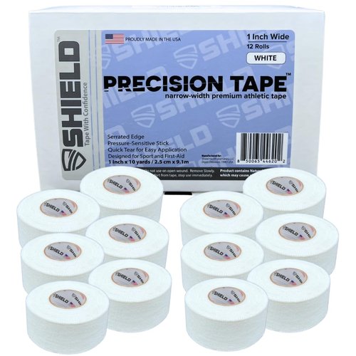 SHIELD 1 Inch Athletic Tape – Precision Tape 12 Pack – Strong Cotton, No Residue – Made in USA – Rigid Sports Wrap for Fingers, Thumbs, Toes, First Aid, Training