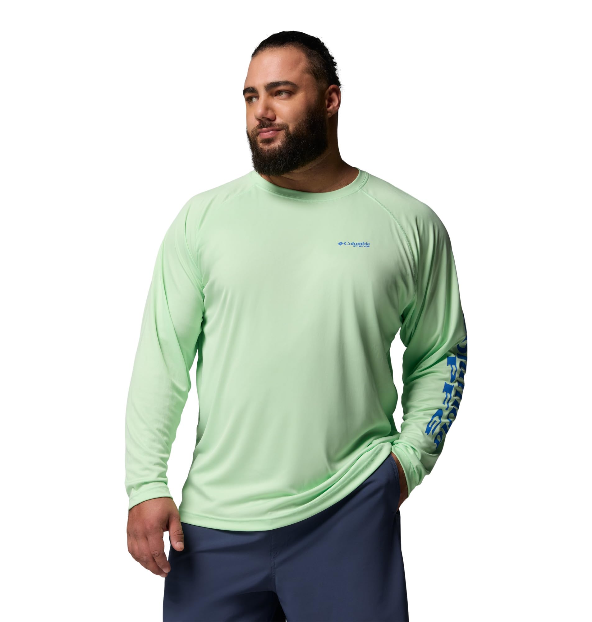 Columbia Men's PFG Terminal Tackle Long Sleeve Fishing Shirt, Key West/Vivid Blue Logo, Small