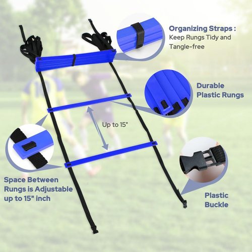GHB Agility Ladder - 12 Rung 20ft Training Set with Hex Agility Rings & Carrying Bag