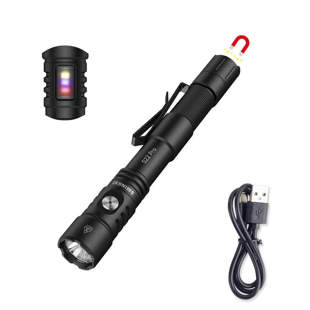 S22Pro EDC Tactical Dual Mode Rechargeable Flashlight, 1200 High Lumen Pen Light with 365nm UV Light, 2AA Dual Power Pocket LED Flashlight with Magnet for Car Repair Camping, Emergency, Outdoor