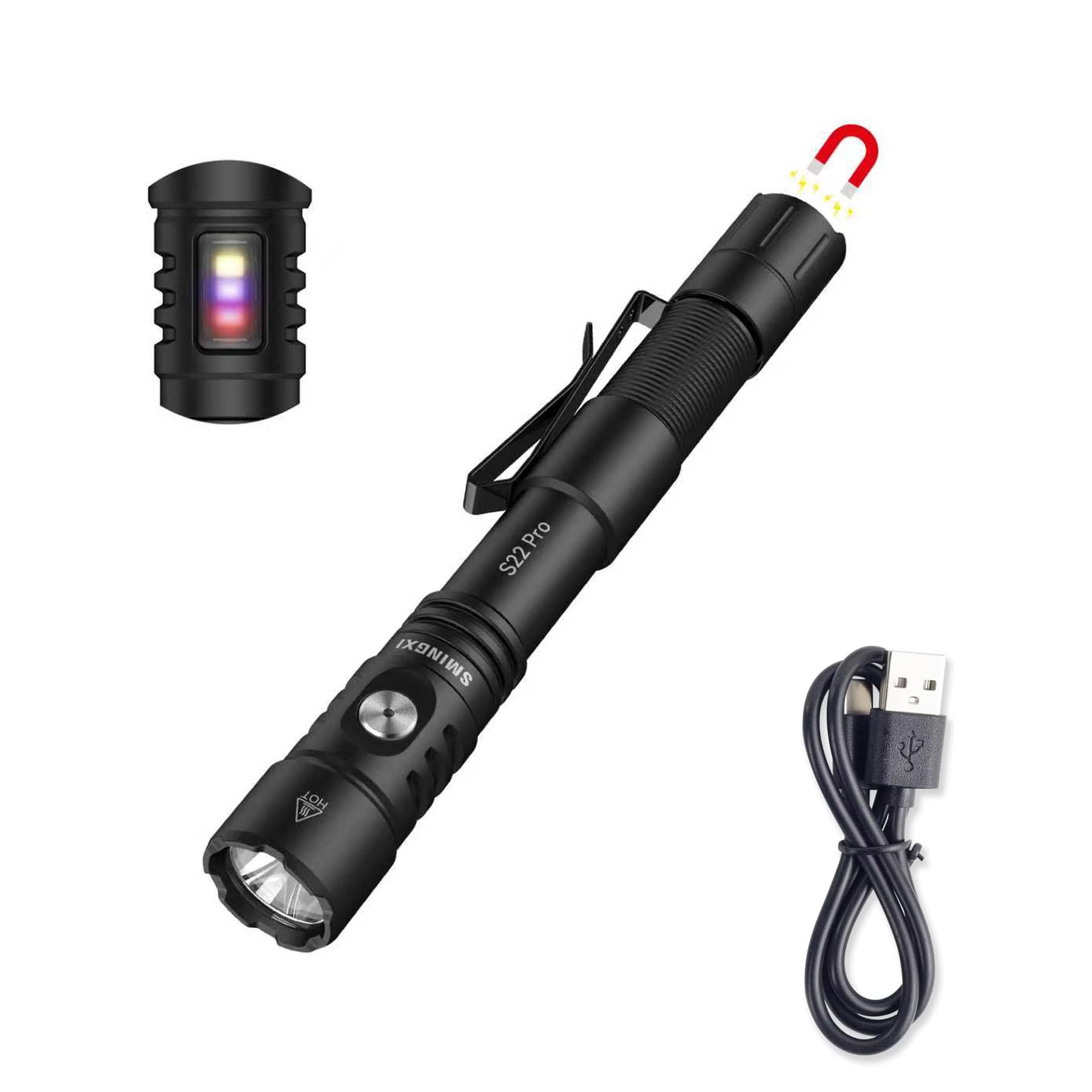 S22Pro EDC Tactical Dual Mode Rechargeable Flashlight, 1200 High Lumen Pen Light with 365nm UV Light, 2AA Dual Power Pocket LED Flashlight with Magnet for Car Repair Camping, Emergency, Outdoor