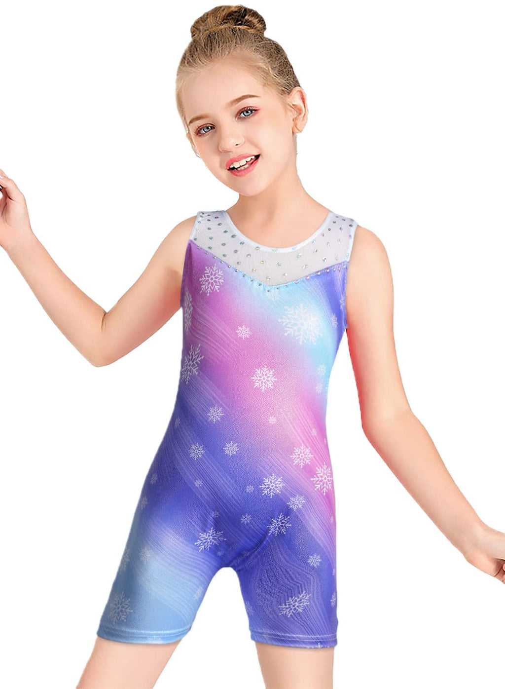 Leotards for Girls Gymnastics Unicorn Athletic Dance Wear Shiny Rainbow Blue Hotpink (Purple Snowflake, 5/6 Years)