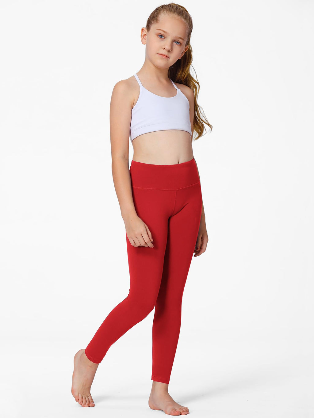 Stelle Girls Athletic Leggings Kids Dance Workout Running Yoga Pants with Hidden Pocket (Red, 5-6 Years)