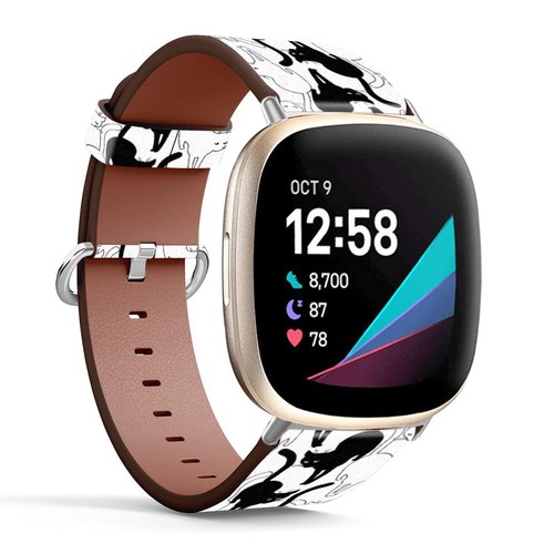Mingdao Compatible with Fitbit Sense 2 / Sense/Versa 4 / Versa 3 Patterned Leather Replacement Band (Black Cats And White Cats)