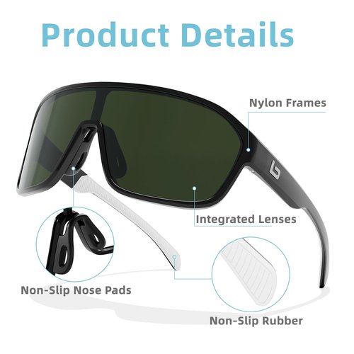 B.N.U.S Sports Running Sunglasses for men womens cycling shades UV Protection (Polished Black/G-15 Polarized, Plastic Lenses)