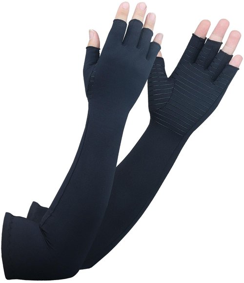 Long Arthritis Compression Gloves for Women Men, Copper Gloves for Joint Pain Relief, Swelling, RSI, Fingerless Carpal Tunnel Glove for Work, Computer Typing, Support Hands, Wrist and Arms (Large)