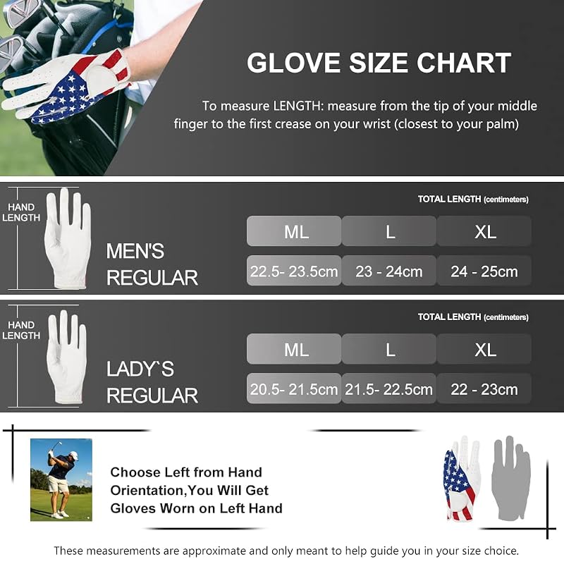 Golf Gloves for Men and Women Left Hand for Right-Handed Golfers – American Flag Pattern, Synthetic Leather, Lycra, Adjustable Closure | Medium+Men