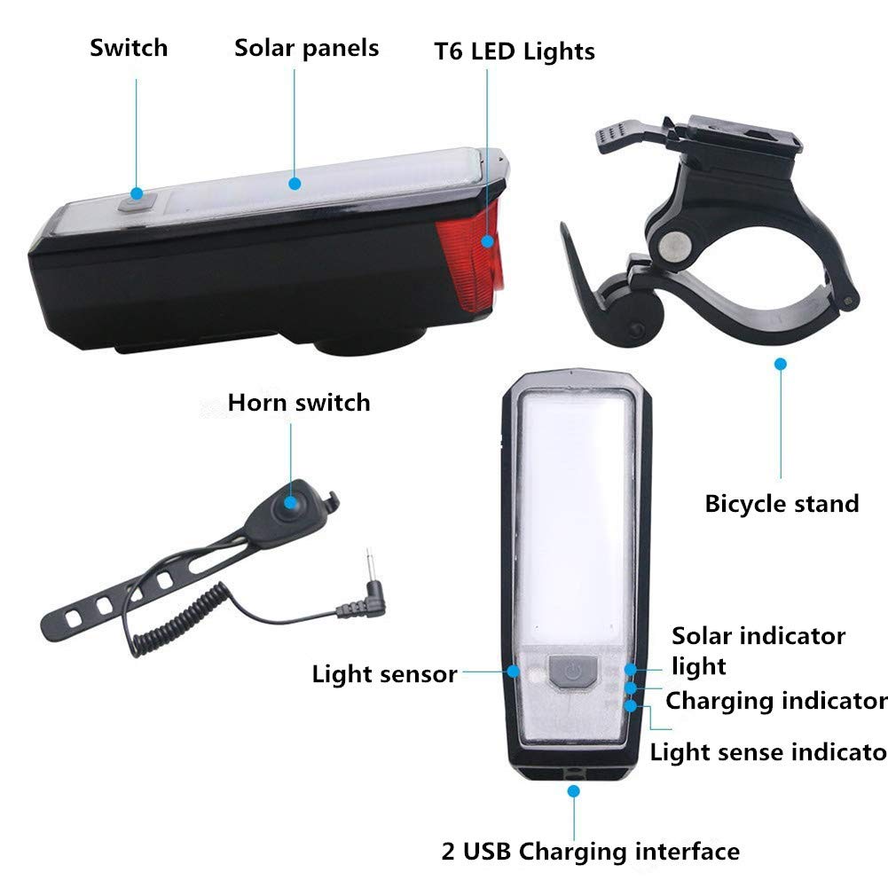 Ultra Bright Solar-Powered and USB Rechargeable Mountain Bike Front Lights 5 Modes 120db Bicycle Electric Bell Horn 350 Lumens 4 Mode Waterproof Bicycle Headlight, Road Cycling Safety Charging Lights