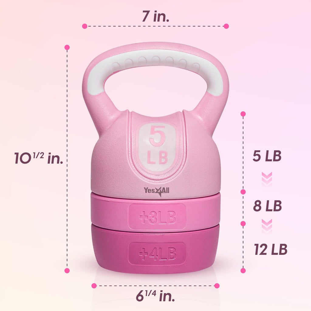 Yes4All Adjustable Kettlebell for Women – Pink Home Gym Set, 5lb–12lb Adjustable Weight, Compact Kettlebell Set for Strength Training