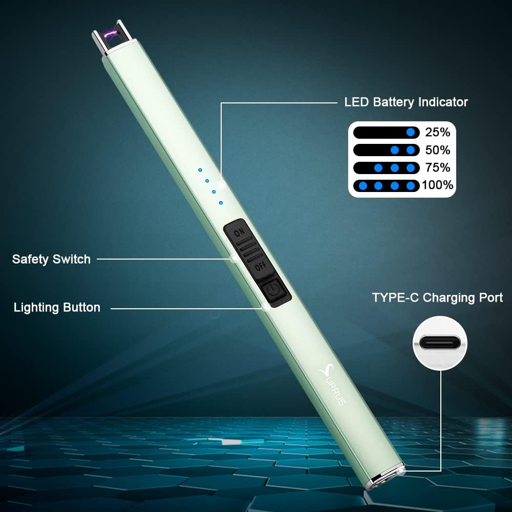 SUPRUS Electric Arc Lighter - Windproof & Flameless USB Rechargeable with Safety Lock | Green, 3-Pack