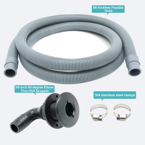 Marine Bilge Pump Hose - 3/4 Inch Plumbing Kit with 90° Black Elbow & Stainless Steel Clamps | 5 FT Long
