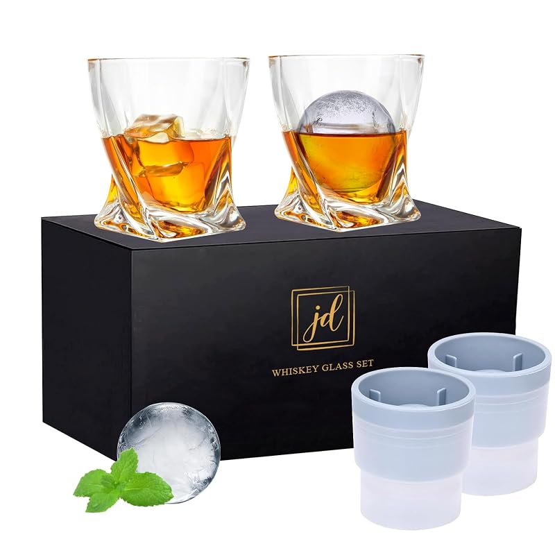 Whiskey Glass Gift Set with 2 Crystal Rocks Glasses & 2 Ice Ball Molds - 11 oz Old Fashioned Glasses